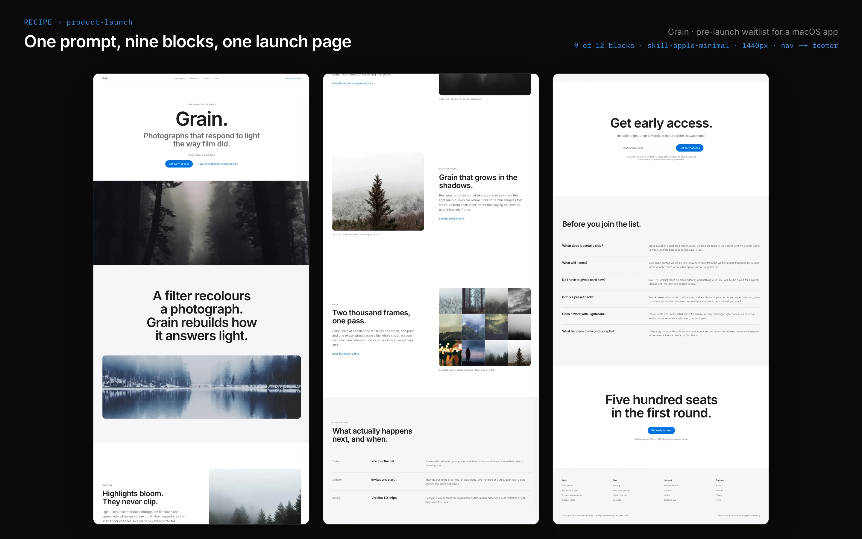 Product Launch Page: Nine blocks assembled into one launch page